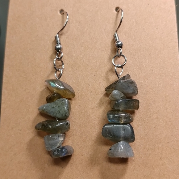 Labradorite Earrings Natural Gemstone Crystal Chip Beaded Surgical Stainless - Picture 9 of 13